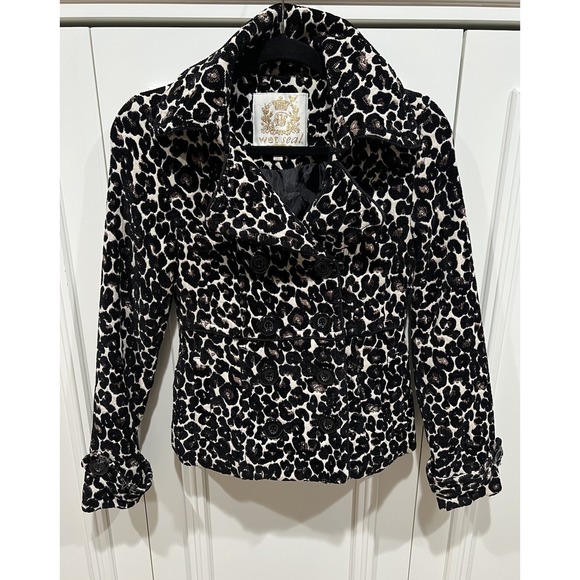 Wet-seal Jackets & Blazers - Wet‎ Seal Leopard Animal Print Double Breasted Carpet Bag Coat Size XS Mob Wife